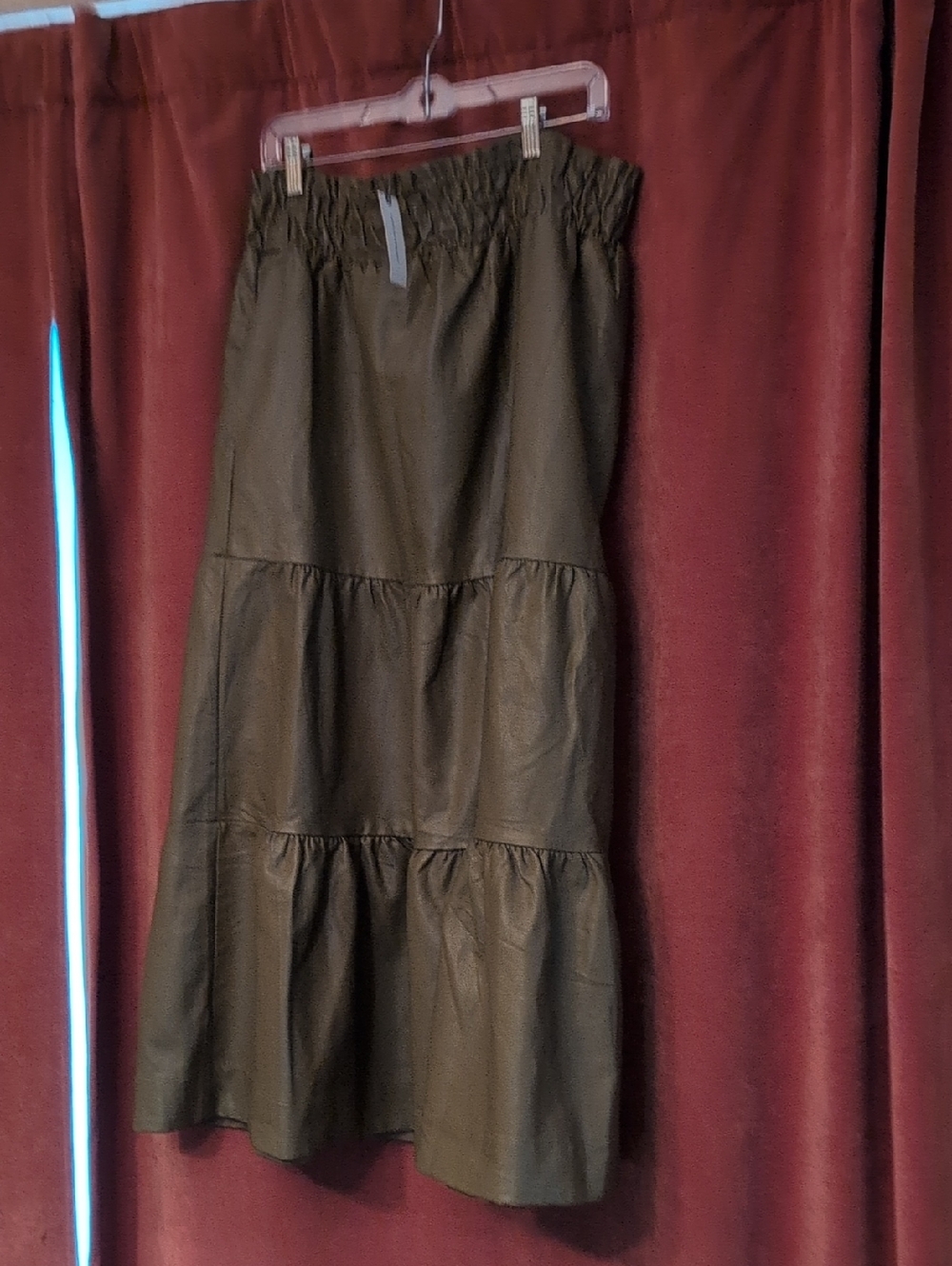 Anthropologie Olive Green Vegan Leather Tiered Maxi Skirt